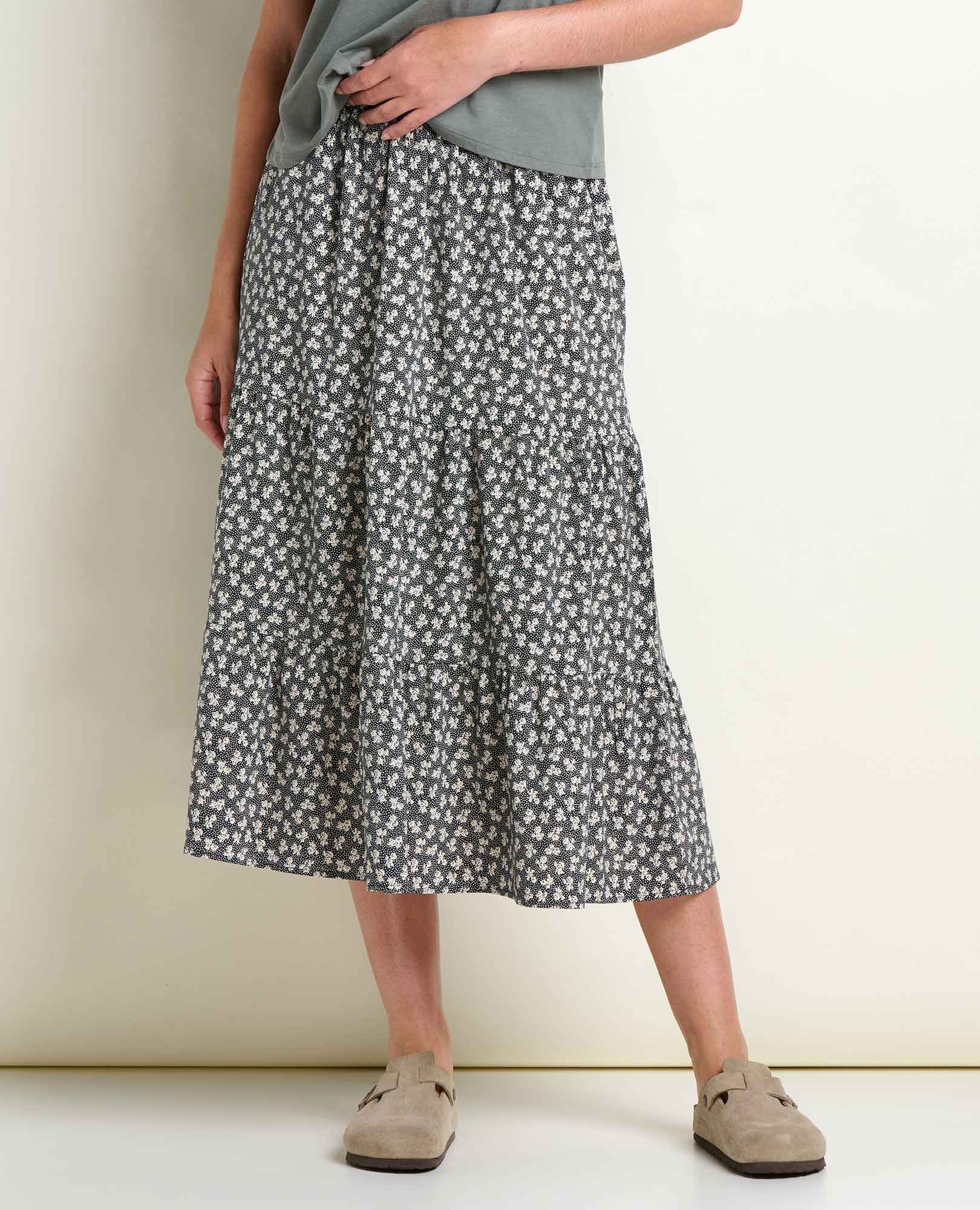 Tiered Midi Skirt - Black and Salt Print