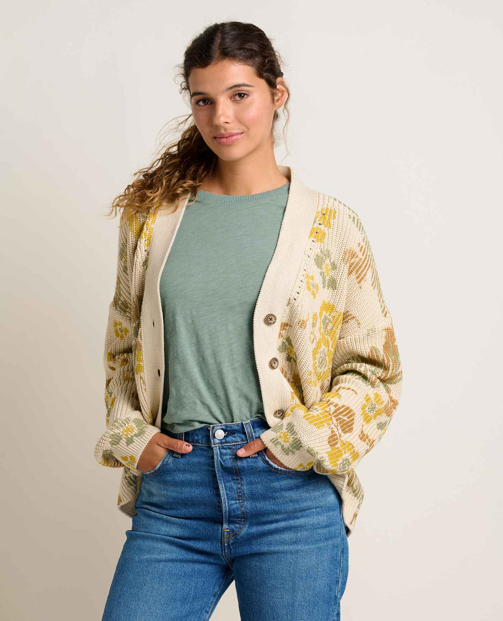 Floral Pattern Cardigan - Almond