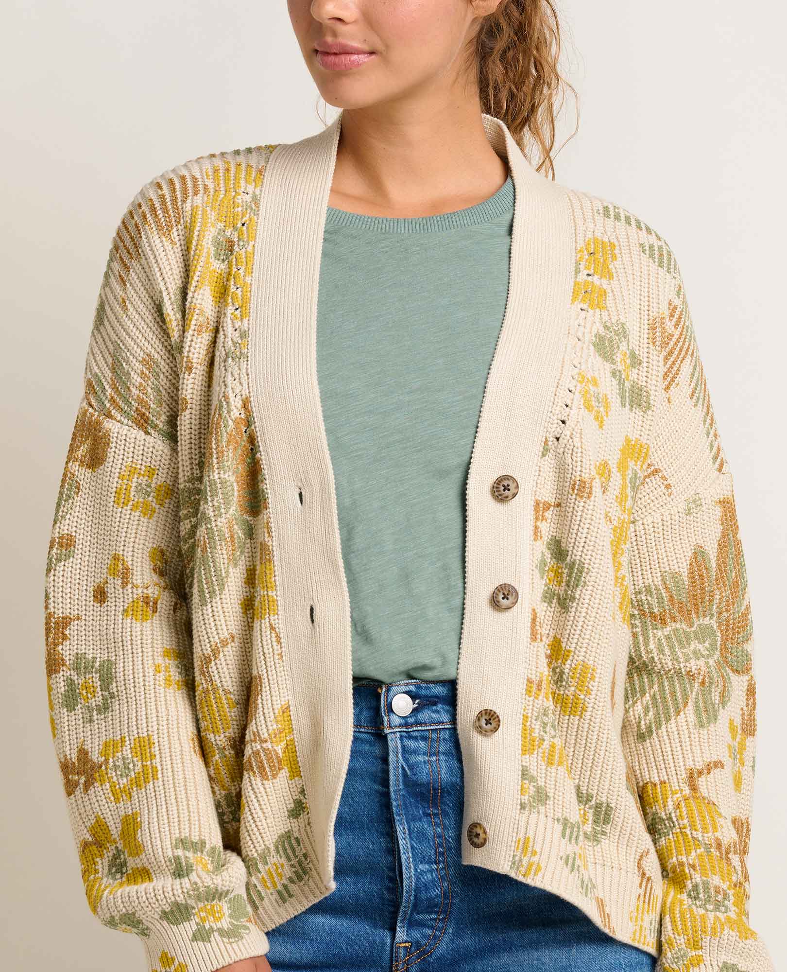 Floral Pattern Cardigan - Almond