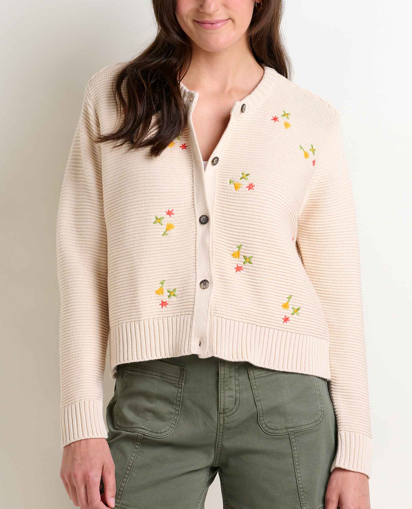 Embroidered Crew Cardigan - Natural