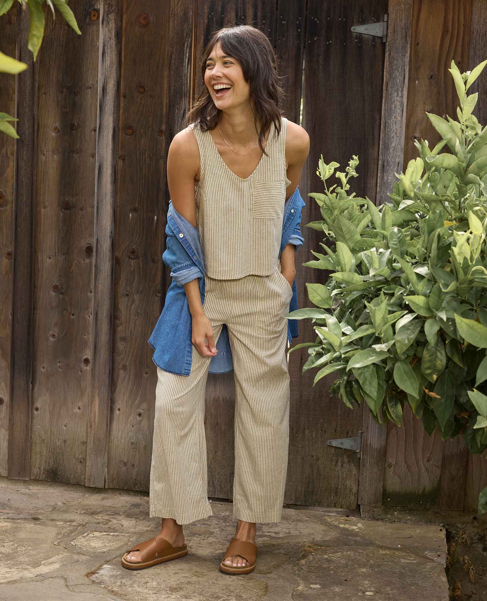 Hemp Button Back Tank - Barley Railroad Stripe
