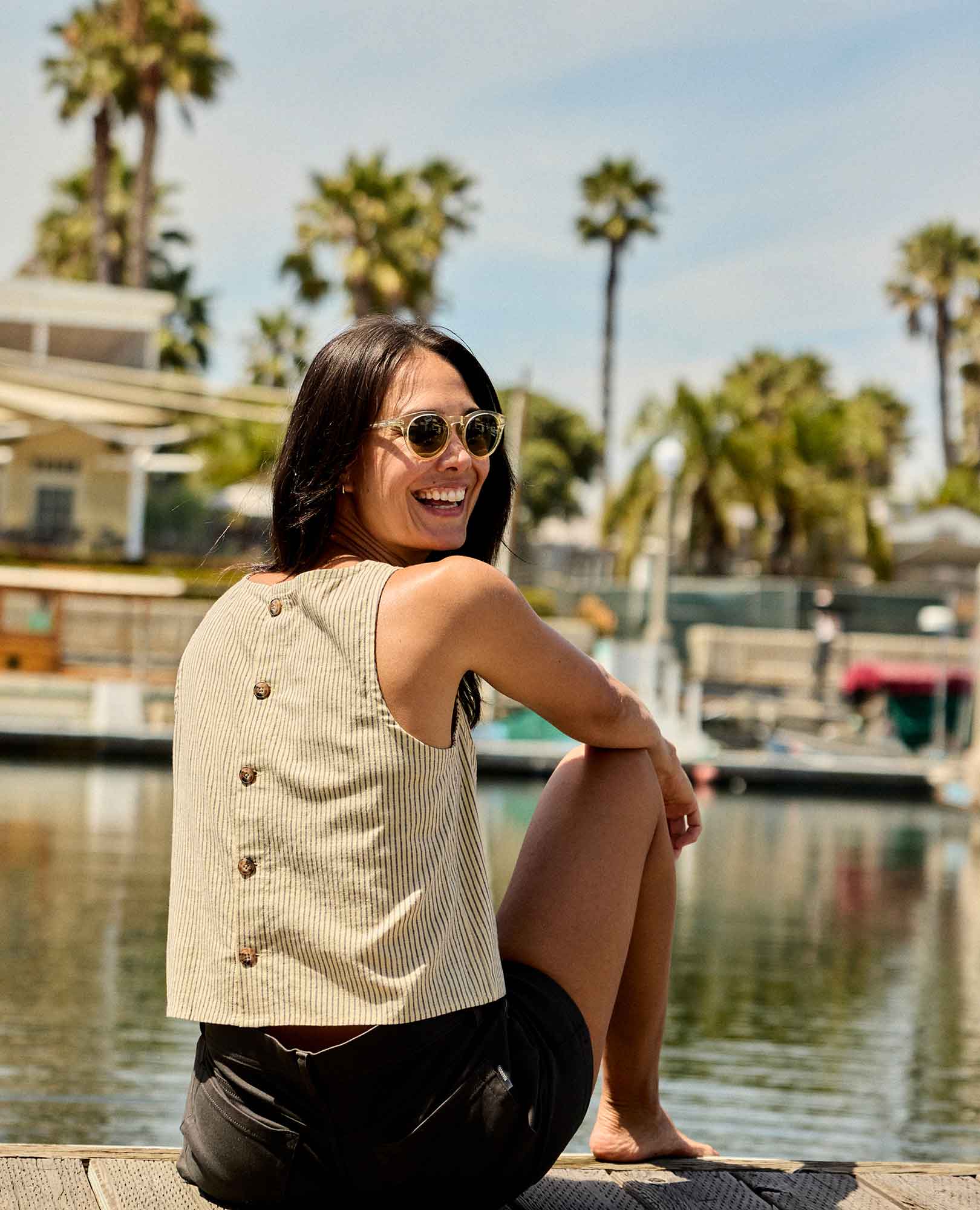 Hemp Button Back Tank - Barley Railroad Stripe