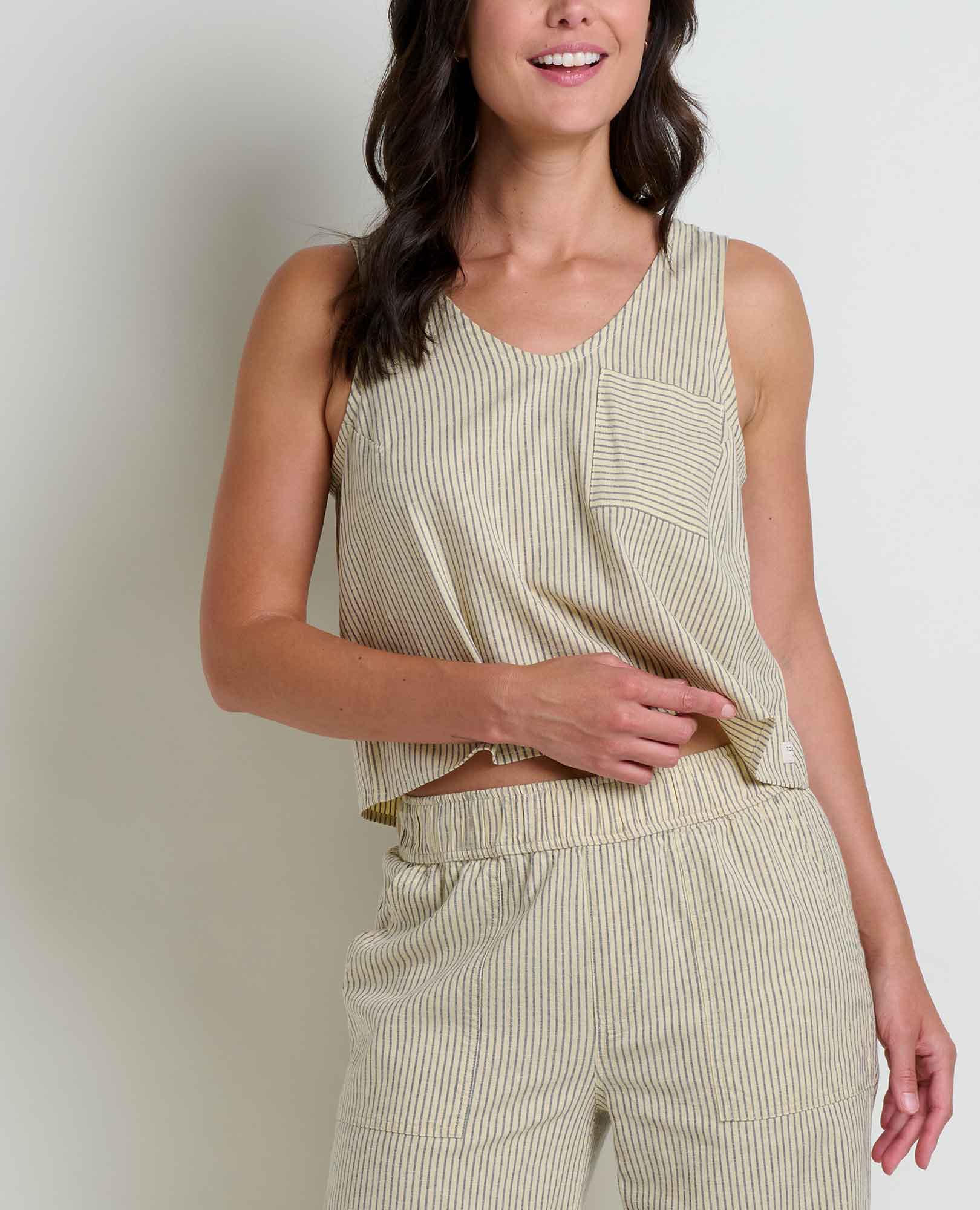 Hemp Button Back Tank - Barley Railroad Stripe