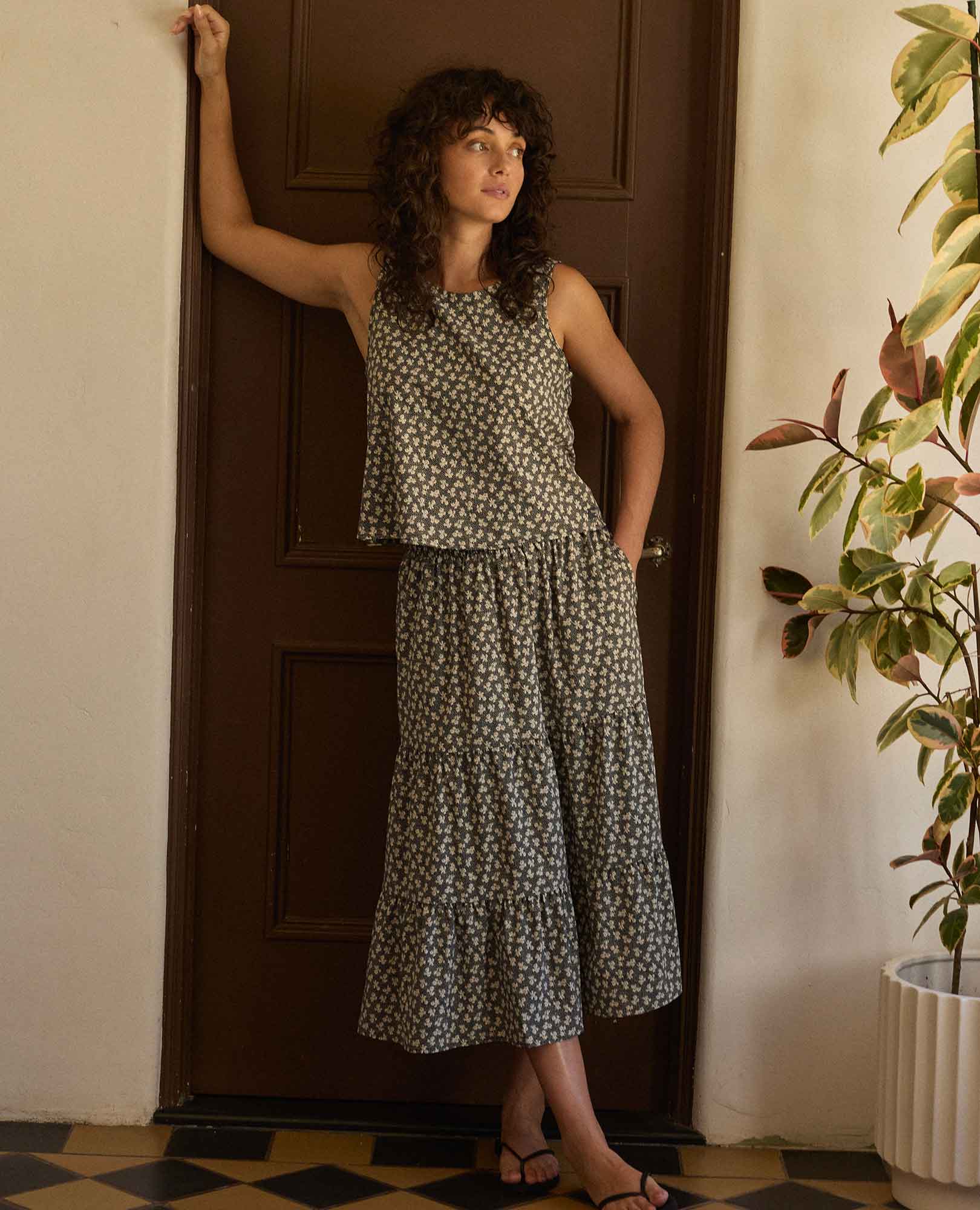 Button Back Tank - Black and Salt Print