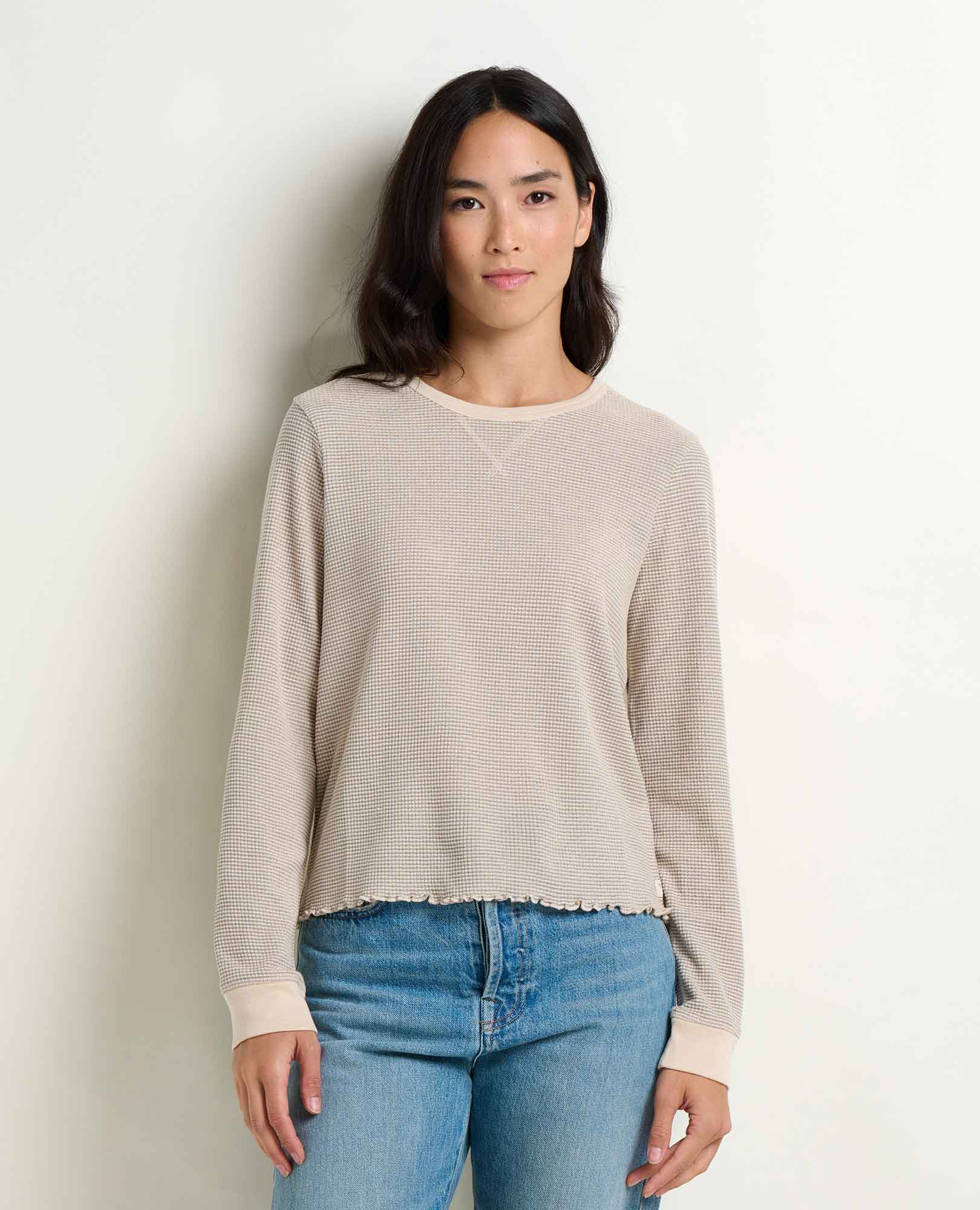 Long Sleeve Waffle Crew - Heather Grey Stripe